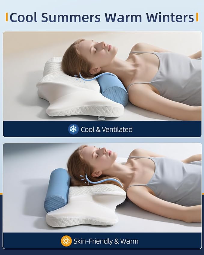 Cervical Neck Pillows with Round Cervical Roll Cylinder Bolster Traction Pillow(2 in 1 Removable) Ergonomic Contour Memory Foam Pillow for Relaxer Neck&Shoulder Pain Relief for Sleepers(White&Blue)