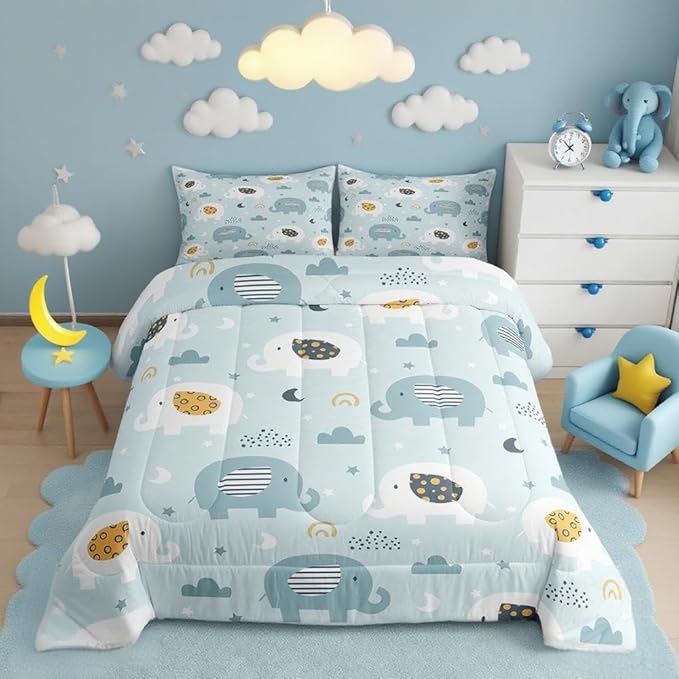 Feelyou Cartoon Elephant Bedding Set for Boys Girls Twin, Kids Zoo Animal Comforter Set Rainbow Elephant Comforter Wildlife Duvet Set 2Pcs