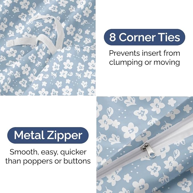 Duvet Cover Full Size Set - Extra Soft Floral Duvet Cover 80 x 90 with 2 Pillow Shams - Comfy, Cozy, Breathable Floral Bedding Set - Hotel Luxury & Fade Free with Zipper Closures & Ties - Blue Meadow