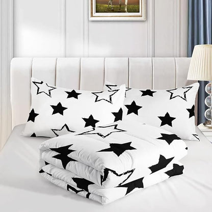 Axolotl Kids Queen Bedding Comforter Set,3Pcs Super Cute Soft Black and White Stars Quilt Set Bed in A Bag with 1 Comforter 2 Pillowcases for Kids Boys Girls Teens Adults Room Decor All Season