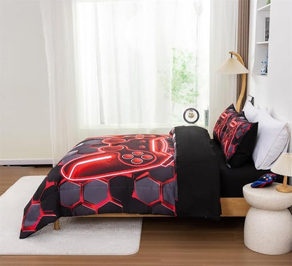 NTBED 3D Gaming Comforter Set for Boys Kids Teens,5pcs Gamer Bedding Sets with Sheet,Game Console Bed in a Bag (Red, Full)