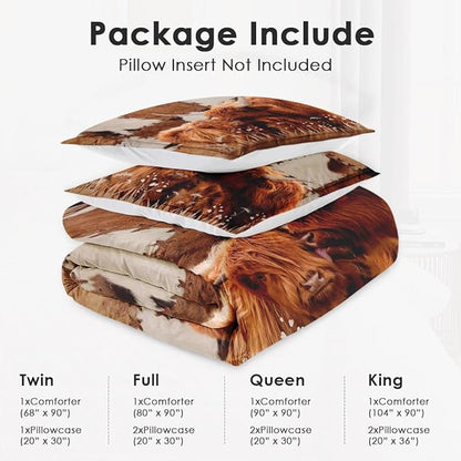 Full Size Comforter Set with 2 Pillowcase, Highland Cow Animal Bull Soft 3 Pcs Bedding for Kids and Adults, Farm Comforter Set for Room Bedroom Bed Decor