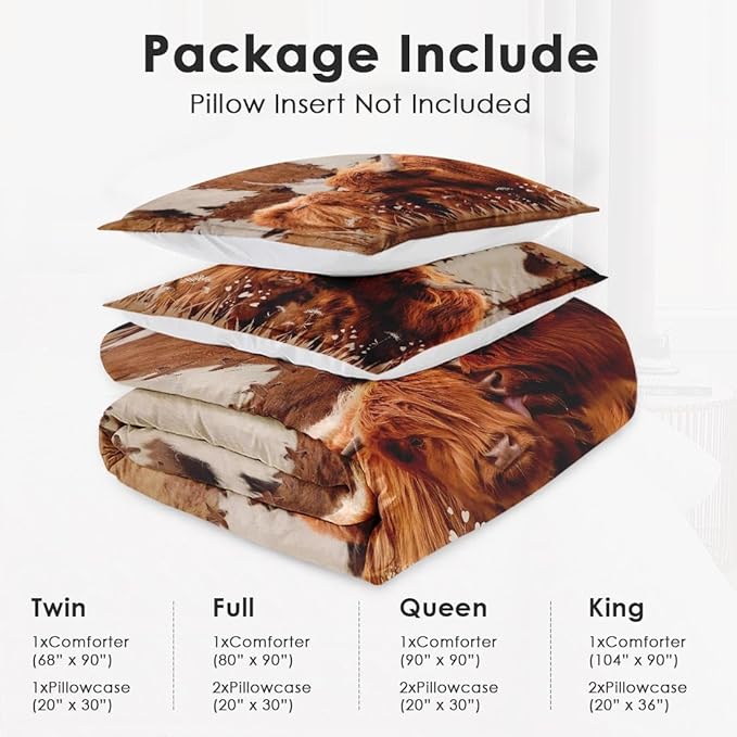 Twin Size Comforter Set with Pillowcase, Highland Cow Animal Bull Soft 2 Pcs Bedding for Kids and Adults, Farm Comforter Set for Room Bedroom Bed Decor