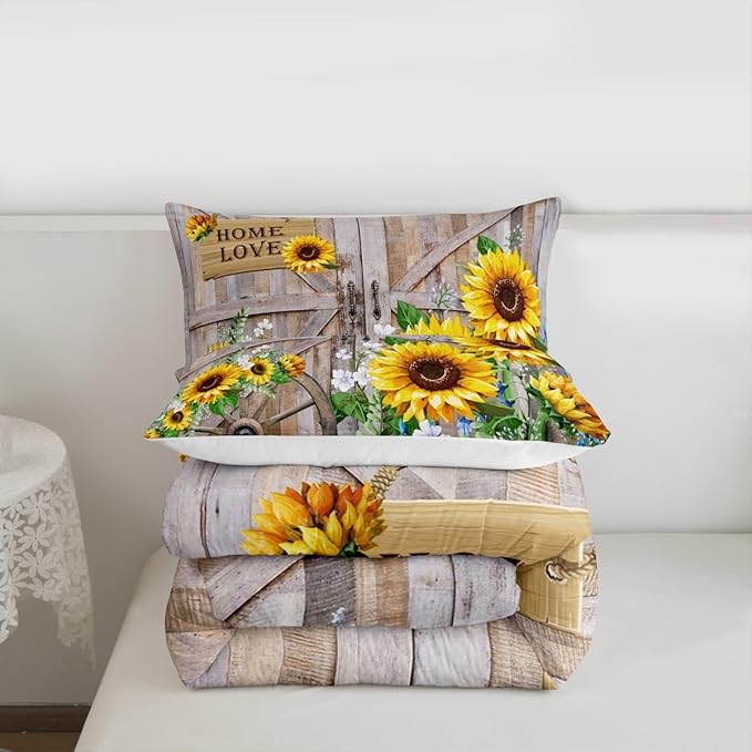 Sunflower Comforter Set Twin Size Rustic Farmhouse Bedding Set Spring Flowers Quilt Set 2pcs for Kids Girls Women Boys Room Decor Home Themed Barn Door Duvet Insert with 1 Pillowcase