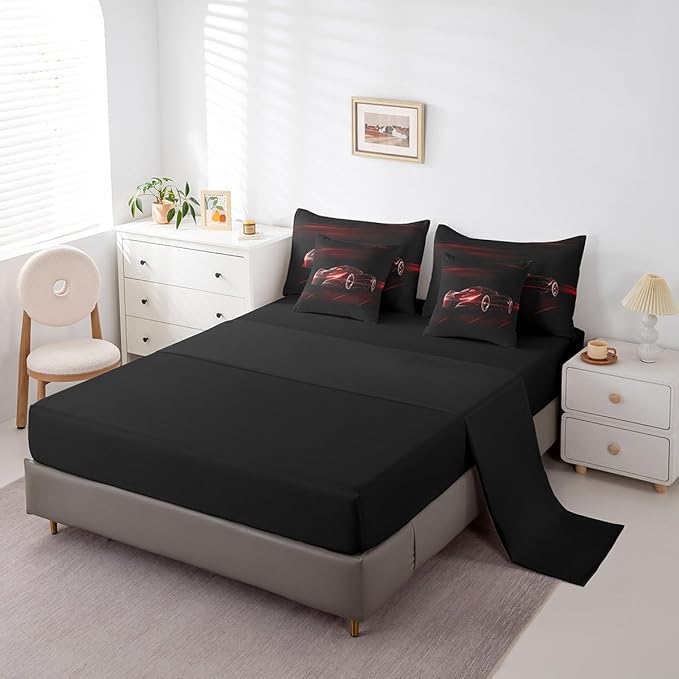 Feelyou Red Race Car 7 Piece Bedding Set Full Size for Kids Boys Extreme Sport Games Comforter Set with Sheets Teens Toddler Fast and Furious Bed in a Bag Cool Modern Bed Set