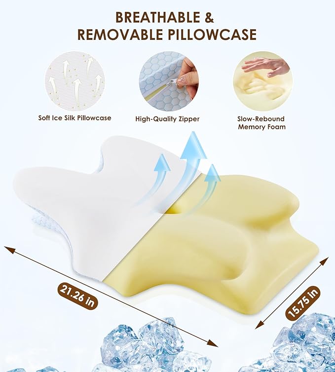 Cervical Memory Foam Pillow for Neck and Shoulder, Ergonomic Contour Cervical Pillow for Sleeping with 2 Heights, Cooling Neck Support Pillows for Side Back Stomach Sleeper Blue