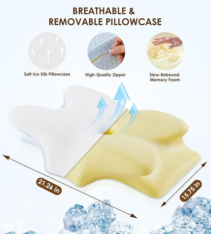 Cervical Memory Foam Pillow for Neck and Shoulder, Ergonomic Contour Cervical Pillow for Sleeping with 2 Heights, Cooling Neck Support Pillows for Side Back Stomach Sleeper Blue
