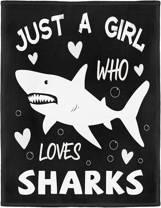 Shark Lover Blanket, Just A Girl Who Loves Sharks Blanket, Soft Warm Cozy Fleece Throw, Gifts for Girls Women Kids, 50"x60", Black