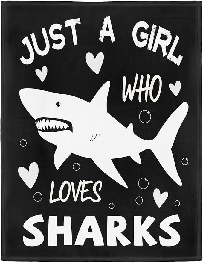 Shark Lover Blanket, Just A Girl Who Loves Sharks Blanket, Soft Warm Cozy Fleece Throw, Gifts for Girls Women Kids, 60"x80", Black