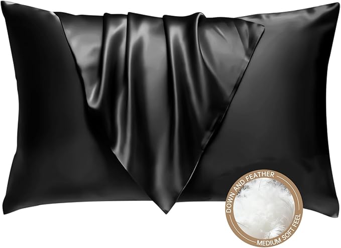 BHZ Black Satin Goose Down Feather Pillows King Size with Black Satin Pillowcase for Hair and Skin, Cooling Pillow Cases Similar to Silk Pillow Cases, Decorative for Women, Mom Men