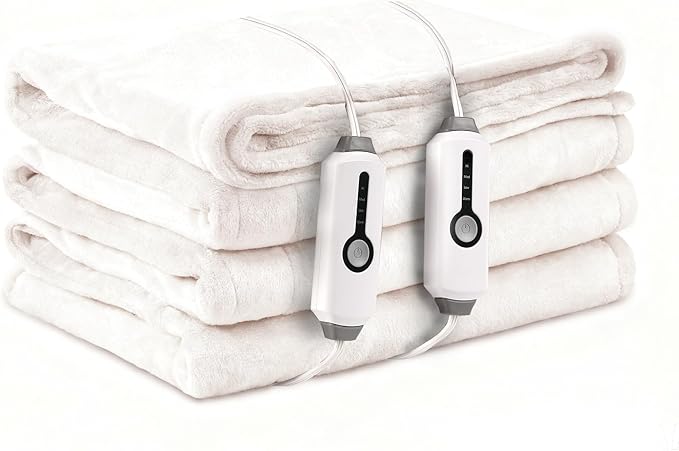Electric Heated Blanket 84" x 90" Queen Size with Dual Control Warm Flannel Heated Blanket with 4 Heating Levels & 10 Hours Auto-Off, Fast Heating, Machine Washable, for Bedding -White