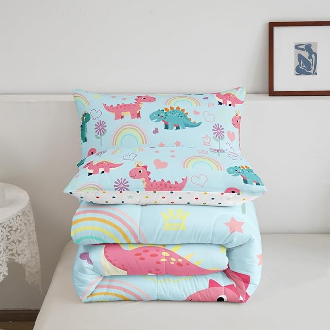 Kawaii Dino Kids Comforter Set Toddler Size,Cute Rainbow Floral Love Heart Reversible Quilt Set for Boys Bedroom Decor,Blue Pink Dinosaur Cartoon Animal Duvet Insert,1 Pillowcase
