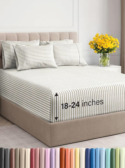 Extra Deep Full Sheet Set - 6 Piece Breathable and Cooling Sheets - Hotel Luxury Bed Sheets Set - Easy Fit - Soft, Wrinkle Free and Comfy Sheets Set - Beige Striped Sheet Set with Extra Deep Pockets