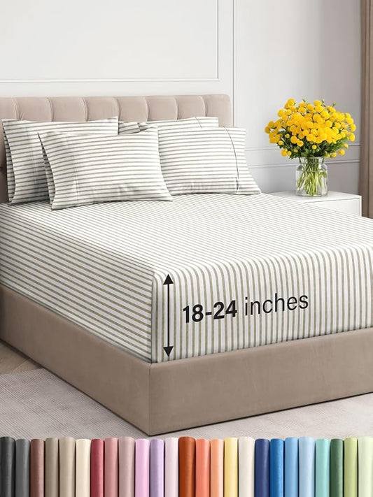 Extra Deep Full Sheet Set - 6 Piece Breathable and Cooling Sheets - Hotel Luxury Bed Sheets Set - Easy Fit - Soft, Wrinkle Free and Comfy Sheets Set - Beige Striped Sheet Set with Extra Deep Pockets
