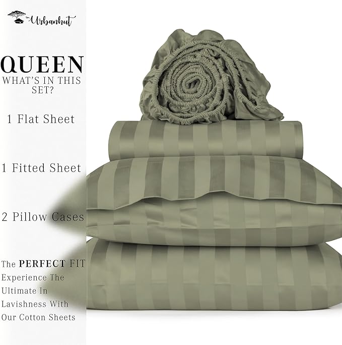 URBANHUT 1000 Thread Count Damask Striped Queen Size Egyptian Cotton Sheets, Long Staple Soft & Breathable, 4 Pc Bed Sheet Sets, Luxury Hotel Sateen Sheets Fits 16" Deep Pocket - Sage