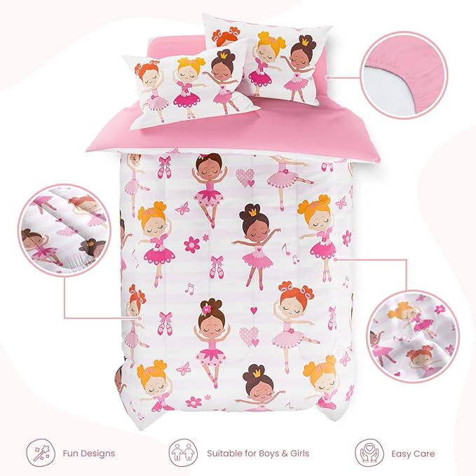 SANDJEST Ballet Full Bedding Sets for Girls, Ultra Soft Microfiber Comforter Set with 4-Pieces, Comforters Kids Bed Set for Children Teen Tween Bedroom Decor
