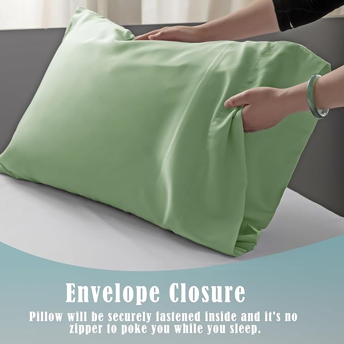 TELUS Pillow Cases Queen Size 2 Pack, Bamboo Rayon & Lyocell Pillowcase with Envelope Closure, Cooling Breathable Pillow Cover for Hot Sleeper & Night Sweats, 20x30 inch, Sage Green