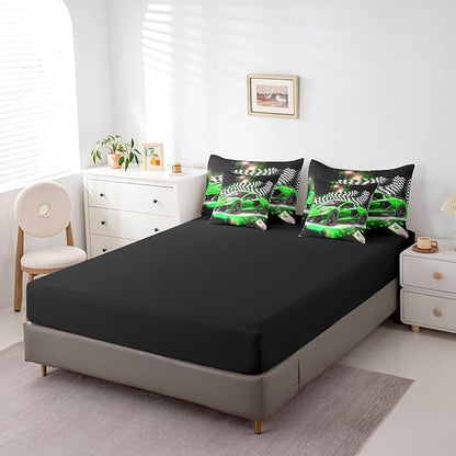 Feelyou Green Racing Car 7 Piece Bedding Set Queen Size Extreme Sport Comforter Set with Sheets for Kids Boys Girls Teens Toddler Fast and Furious Bed in a Bag Black White Flag Bed Set