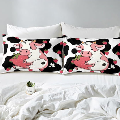Milkshakes Cow Comforter Cover Full Size, Pink Cute Cattle and Strawberry Fruit Print Duvet Cover Set with 2 Pillowcases, Milk Cow Skin Fur Pattern Kawaii Girly Style Bedding Set for Boys Teens