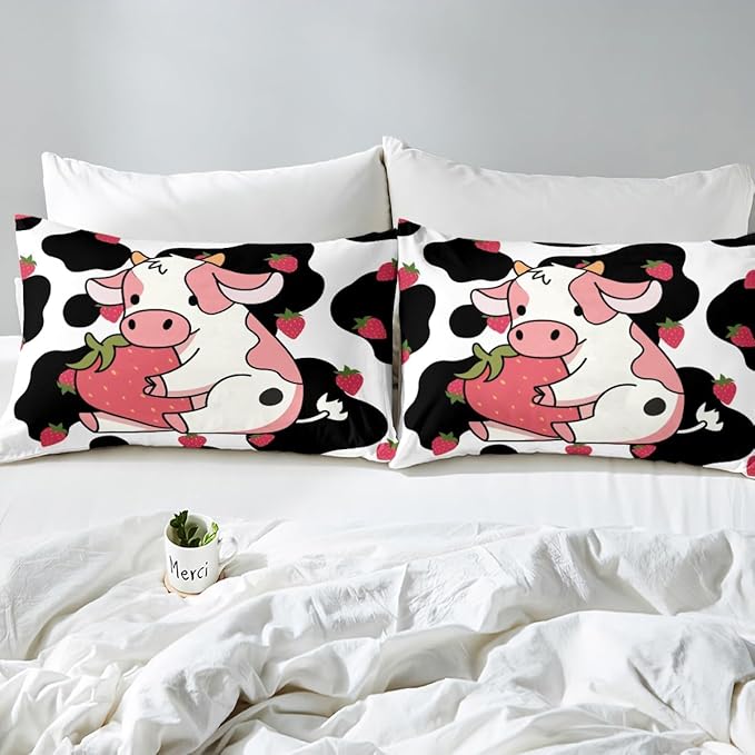Milkshakes Cow Duvet Cover Set Twin Size, Pink Cute Cattle and Strawberry Fruit Print Comforter Cover Kawaii Girly Style for Kids Girls Room, Milk Cow Skin Fur Pattern Quilt Cover, 1 Pillowcase