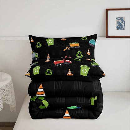 Erosebridal King Size Garbage Truck Comforter Set for Boys Girls Kids Cartoon Car Vehicles Bedding Comforter Sets Trash Can Waste Management Vehicle Duvet Set Refuse Classification Quilt 3 Piece