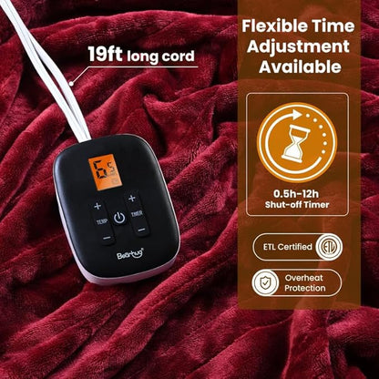 Bearhug Heated Electric Blanket - Flannel Electric Throw Heating Blanket with 6 Heat Settings Full Size 77×84 inches Red - Velvet,0.5-12H Auto Off, Over-Heat Protect, ETL, Machine Washable