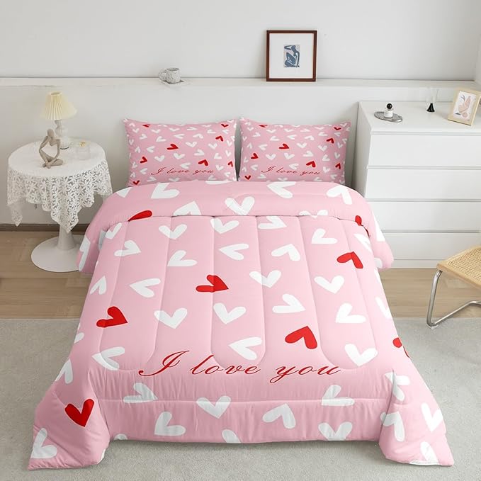 Feelyou Heart Comforter Set Twin Size Comforter for Boys Girls Teens Cute Bedding Set Kawaii Duvet Set Room Decor Pink Quilt Set