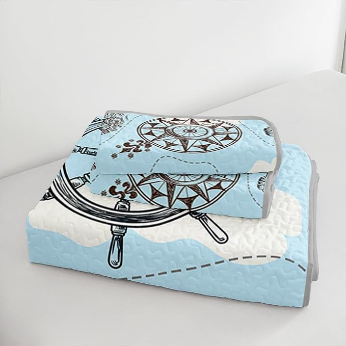 QOOMO Voyage Quilt Set Twin Size,Navigate Bedspread Coverlet Set,Anchor 3Pcs Bedding Set Printed Quilt with 2 Pillowcases,Soft and Lightweight,for All Seasons