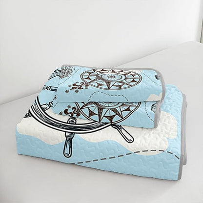 QOOMO Voyage Quilt Set Full/Queen Size,Navigate Bedspread Coverlet Set,Anchor 3Pcs Bedding Set Printed Quilt with 2 Pillowcases,Soft and Lightweight,for All Seasons