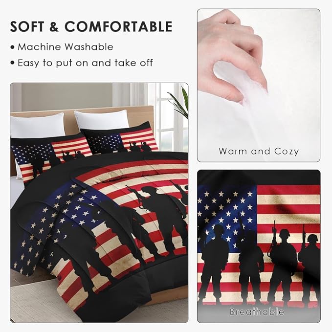 King Size Comforter Set with 2 Pillowcase, Vintage Military Retro Soft 3 Pcs Bedding for Kids and Adults, Patriotic Army Memorial Comforter Set for Room Bedroom Bed Decor