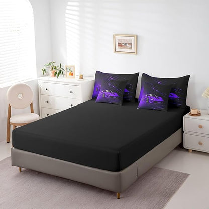 Feelyou Boys Purple Race Car 7 Piece Bedding Set King Size Speed Sports Car Comforter Set with Sheets for Kids Teens Adult Fast and Furious Bed in a Bag Purple Ombre Bed Set