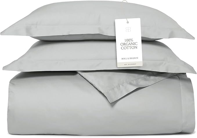 BOLL & BRANCH Signature Hemmed Duvet Set - Twin/Twin XL, Shore - Luxury 100% Organic Cotton - 1 Duvet Cover, 2 Shams - Buttery Soft, Hidden Closures