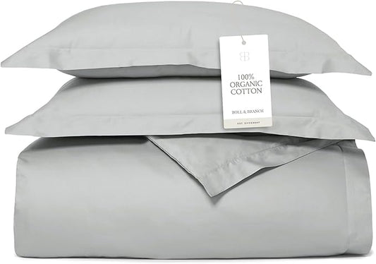BOLL & BRANCH Signature Hemmed Duvet Set - Full/Queen, Shore - Luxury 100% Organic Cotton - 1 Duvet Cover, 2 Shams - Buttery Soft, Hidden Closures