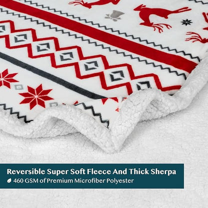 PAVILIA Red White Snowflake Reindeer Christmas Sherpa Throw Blanket, Soft Reversible Fleece Sherpa 60x80 Winter Blanket for Couch & Bed, Christmas Decor