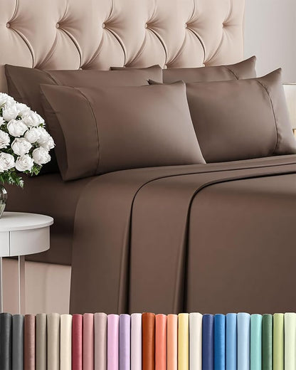 Cal King 6 Piece Sheet Set - Comfy Breathable & Cooling - Ultra-Soft Hotel Luxury Bedding Set with 8-16 Inch Deep Pockets - 1 Flat & 1 Fitted Sheet & 4 Pillowcases - Wrinkle Free & Easy Care - Brown