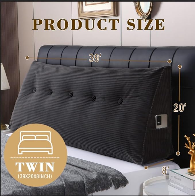 Wedge Headboard Pillow for Bed, Twin Dorm Headboard Support for Sitting Up Reading, Relaxing, Removable Washable Corduroy Cover, Polyester and Shredded Foam Filling, Gray