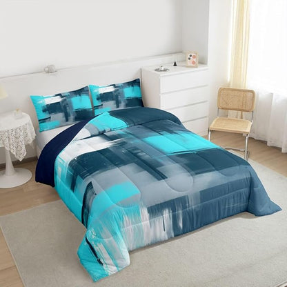 Feelyou Abstract Comforter Modern Abstract Art Comforter Set for Boys Girls Children Teal Blue Pattern Bedding Set Room Decor Full Size Duvet Set 3Pcs