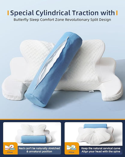Cervical Neck Pillows with Round Cervical Roll Cylinder Bolster Traction Pillow(2 in 1 Removable) Ergonomic Contour Memory Foam Pillow for Relaxer Neck&Shoulder Pain Relief for Sleepers(White&Blue)