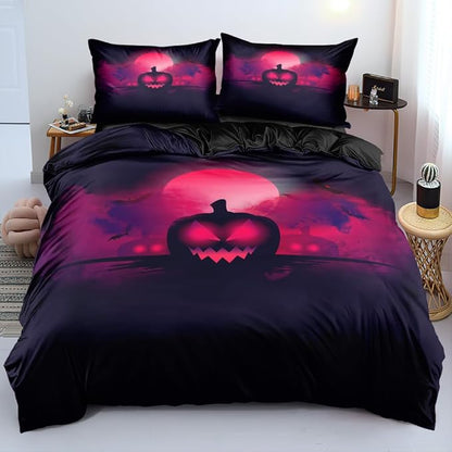 3D Print Halloween Bedding Set - Full Halloween Duvet Cover and 2 Pumpkin Pillowcases for Festival Decor