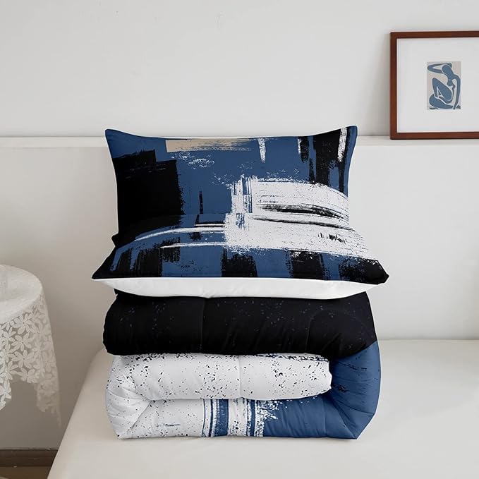 Abstract Bedding Set Comforter Set for Kids Boys Girls Teens Room Decor Modern Abstract Art Comforter Blue Black Grey Duvet Set 2Pcs Toddler Size