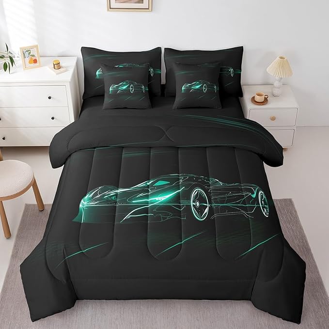 Feelyou Teal Race Car 7 Piece Bedding Set King Size for Kids Boys Extreme Sport Games Comforter Set with Sheets Teens Toddler Fast and Furious Bed in a Bag Cool Modern Bed Set