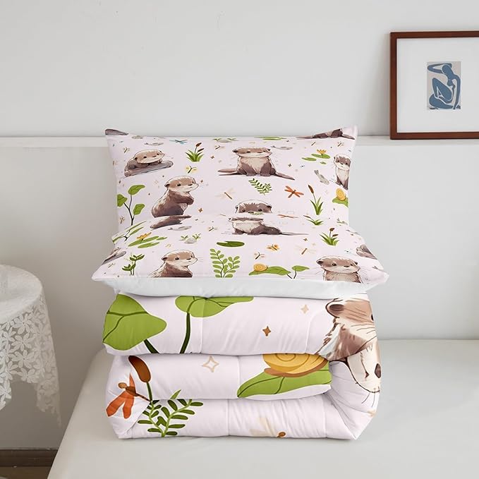 Cartoon Otter Comforter Set Cute Butterfly Wild Dragonfly Bedding Set for Kids Girls Teens Watercolor Lotus Leaf Lovely Wild Animal Microfiber Duvet Set with 1 Pillowcase Twin Size 2 Pcs