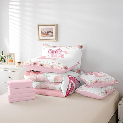 Erosebridal Cute Girly Bow Bedding Sets, Initial Letter E Bed in A Bag King Size for Girls Kids Woman Flower Floral Comforter Set with Sheets Fresh Style Spring Bed Set Bedroom Decor 7 Pieces