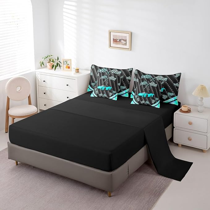 Feelyou Teal Race Car 7 Piece Bedding Set King Size Extreme Sports Comforter Set with Sheets for Kids Teens Adult Fast and Furious Bed in a Bag Dazzling Flag Bed Set