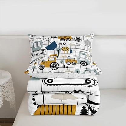 Feelyou Construction Comforter Set Queen Size Kids Excavator Tractor Toddler Comforter Cartoon Car Equipment Trucks Plaid Grid Comforter Set Construction Vehicles WhiteDuvet Set Quilt Set