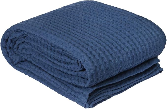HILLFAIR 100% Combed Cotton Blanket– Queen Size Bed Blanket– Warm Soft All Season Breathable Lightweight Summer Blankets– Waffle Weave Home Decor Bed Blanket- Navy Queen Bed Cotton Blankets/Bedcover