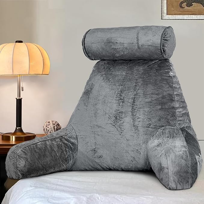Reading Pillow for Sitting in Bed with Detachable Neck Roll & Big Bed Backrest Pillow Back Support Pillow Chair Pillow with Washable Cover for Adult with Arms and Side Pocket Shredded Foam
