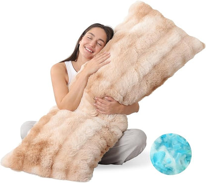 ZonLi Fluffy Faux Rabbit Fur Light Tan Body Pillow, Side Sleep Body Pillow with Washable Cover, Adjustable Memory Foam Fill，20x54 Long Pillow for Adults Girls & Kids