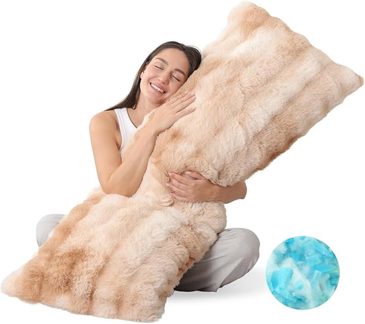ZonLi Fluffy Faux Rabbit Fur Light Tan Body Pillow, Side Sleep Body Pillow with Washable Cover, Adjustable Memory Foam Fill，20x54 Long Pillow for Adults Girls & Kids