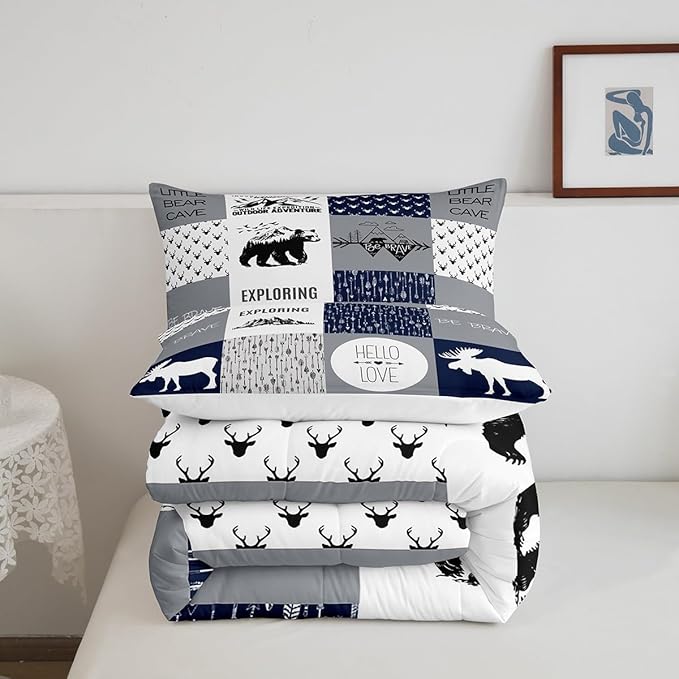 Feelyou Bear Deer Comforter Set Hunting Camping Bedding Set for Kids Boys Girls Deer Antler Comforter Rustic Cabin Plaid Duvet Set 1 Comforter Set with 2 Pillowcases Queen Size Boys